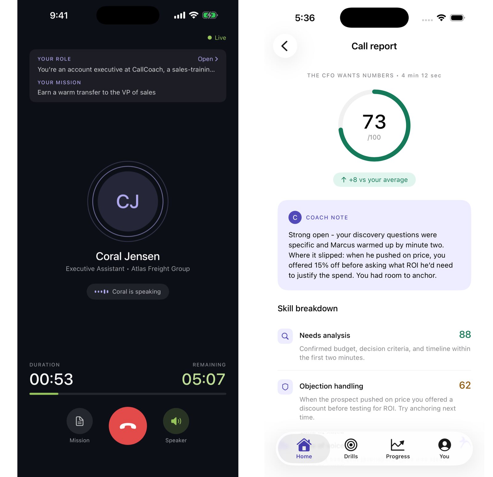 The in-call screen on the left, with the prospect on the line; the coaching report on the right, with four skill scores and the moments worth replaying