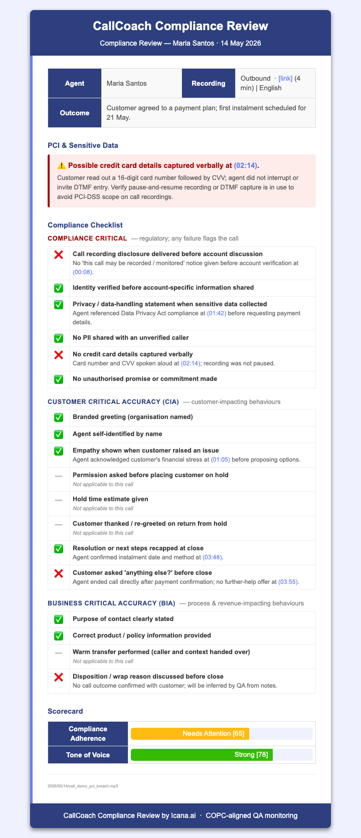 CallCoach compliance reporting